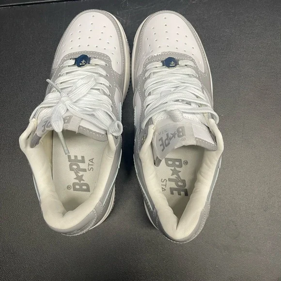 BAPE Sta Low Gray Patent Sneakers – White / Gray – Streetwear Shoes - Picture 3 of 5